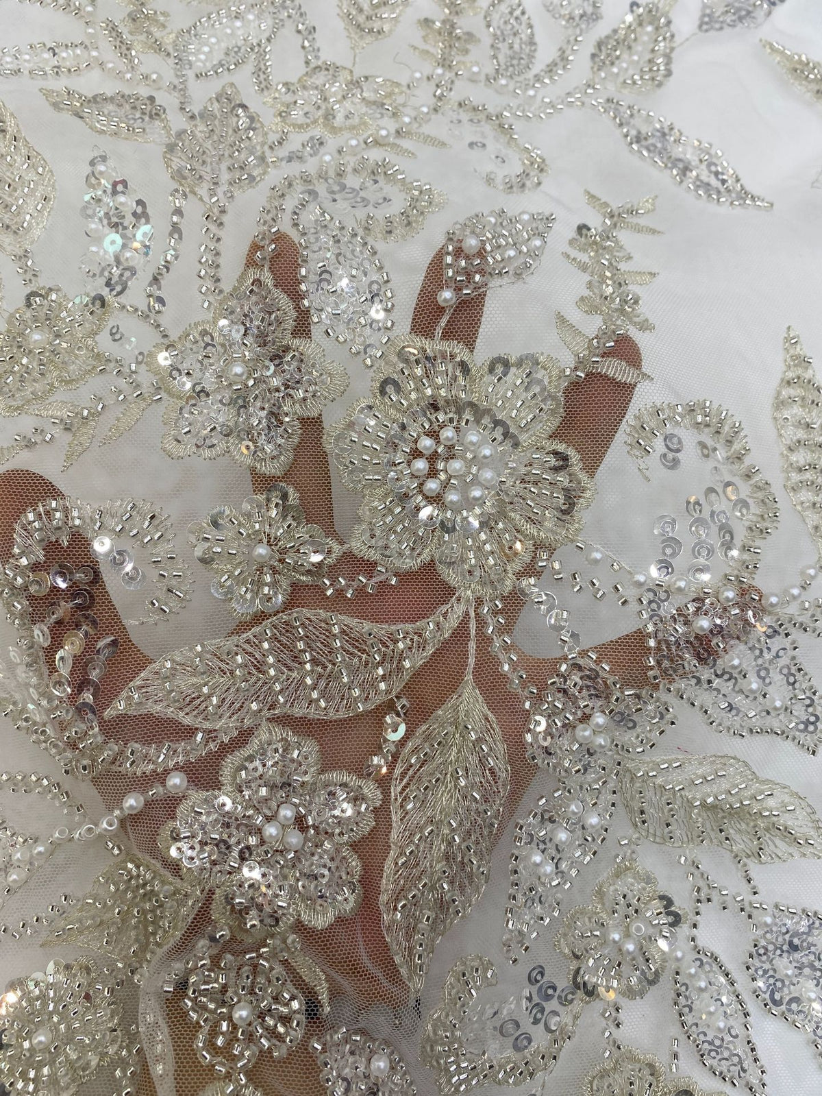 Botanical Bead & 3/5 mm Sequin Embroidered Fabric — fabric photo 4