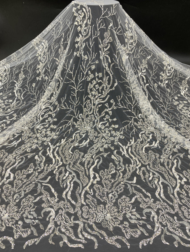 Silver Thread Foam Bead & Sequin Embroidery Fabric
