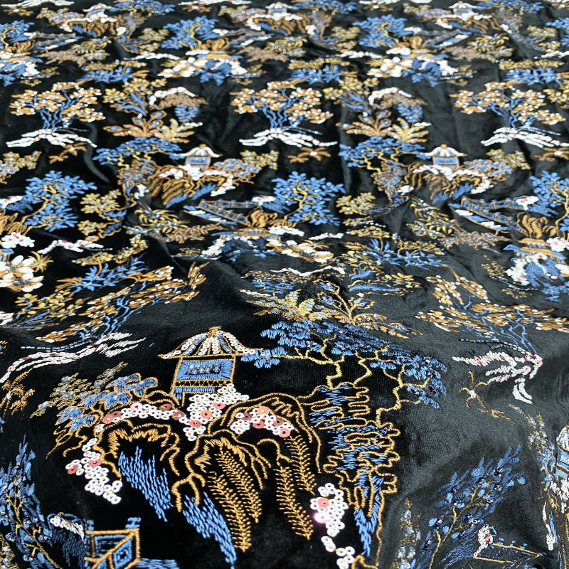 Velvet Ethnic-Style Bead Sequin Embroidery Fabric — fabric photo 2