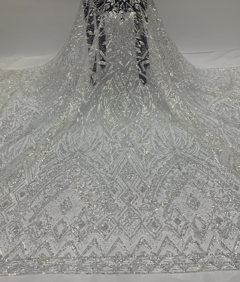Vintage Silver Bead & 3/4 mm Crystal Sequin Fabric