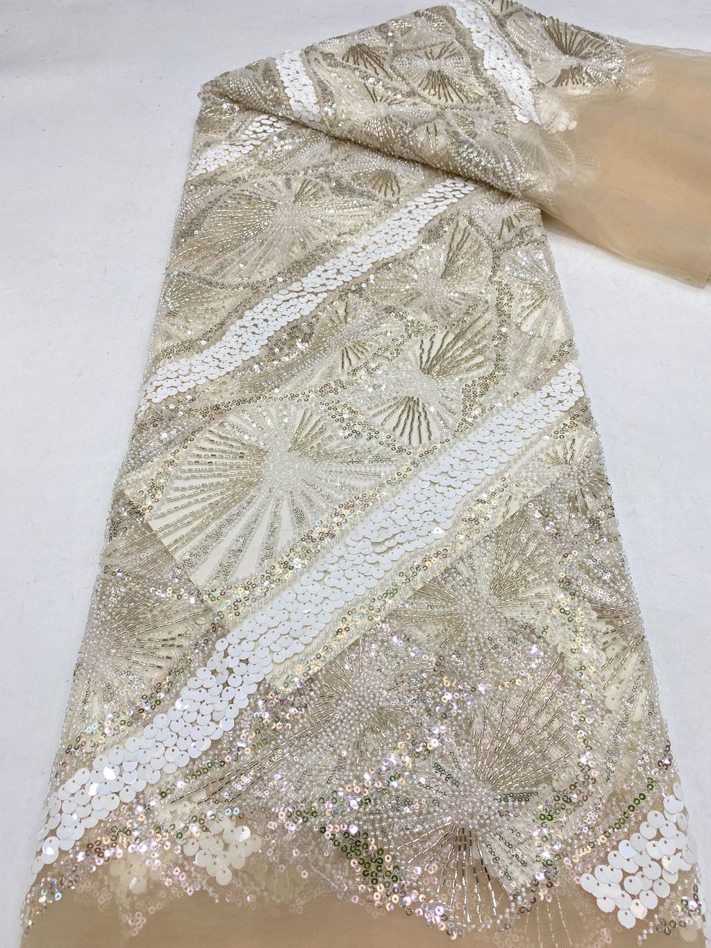 Heavy 3/7 mm Sequin & Bugle-Bead Embroidered Bridal Fabric — fabric photo 6