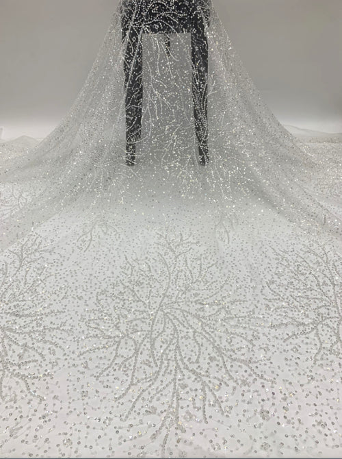 3/4 mm Crystal-Look Sequin & Double-Bead Embroidered Irregular Mesh Fabric