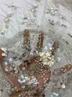 3/7 mm Crystal-Look Sequin & Silver-Bead Embroidered Bridal Fabric – Design 92191 — fabric photo 2