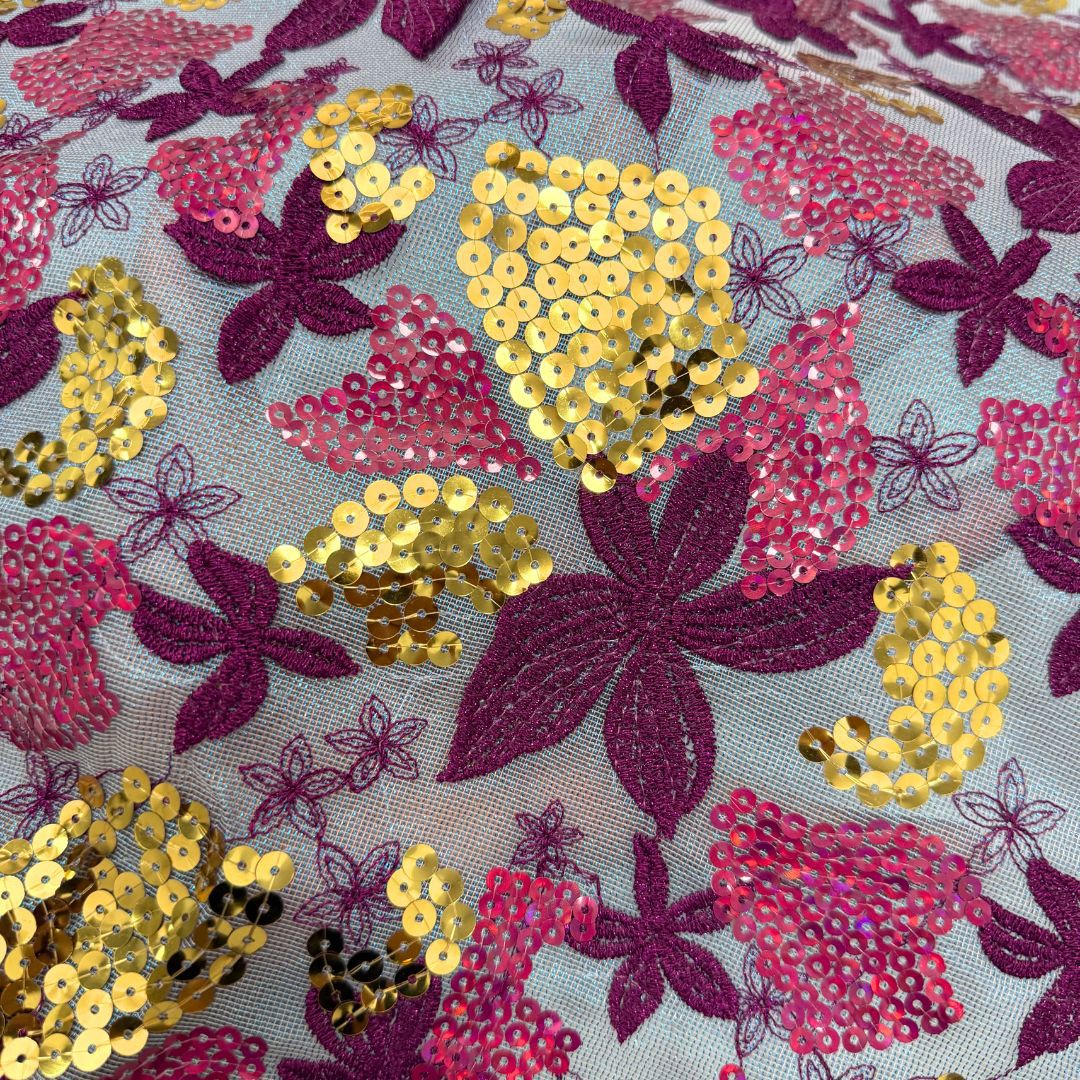 Multicolor Leaf & Sequin Embroidered Mesh Fabric – Per Yard — fabric photo 2