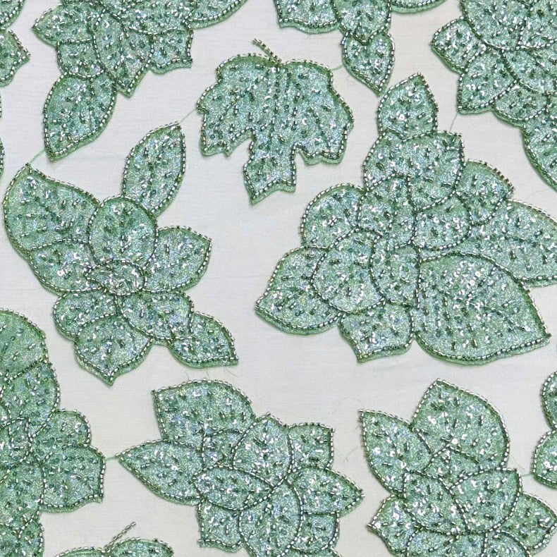 Floral Bugle Bead Applique Embroidered Mesh Fabric – Per Yard