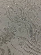 Large Floral Crystal-Look Sequin & Double-Bead Embroidered Bridal Fabric — fabric photo 4