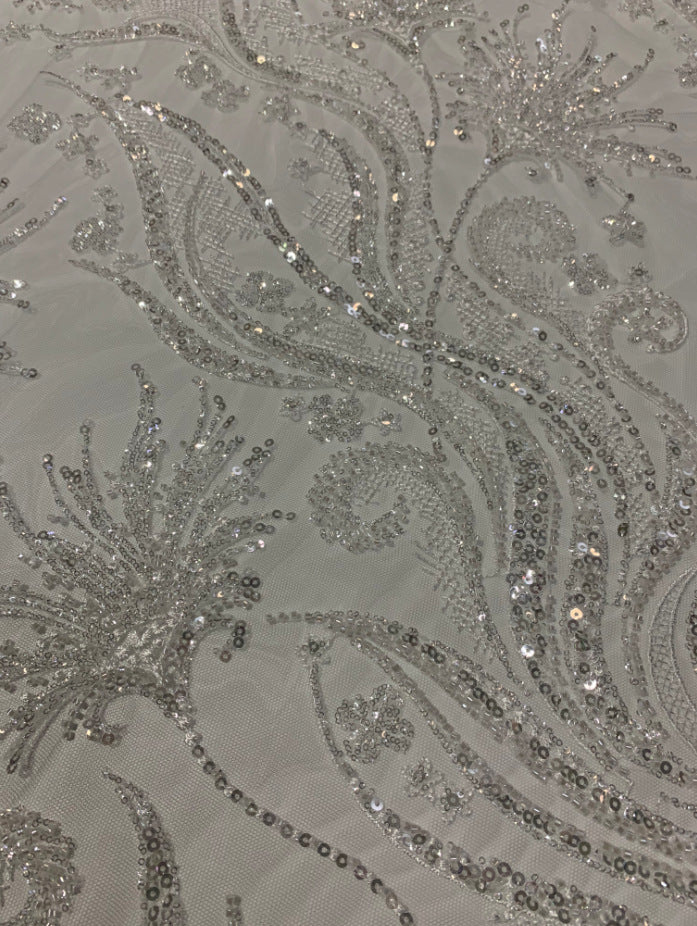 Large Floral Crystal-Look Sequin & Double-Bead Embroidered Bridal Fabric — fabric photo 4