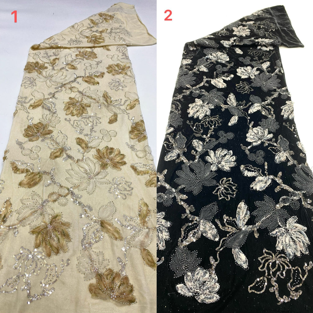 Velvet Ribbon Bead & Sequin Embroidered Fabric