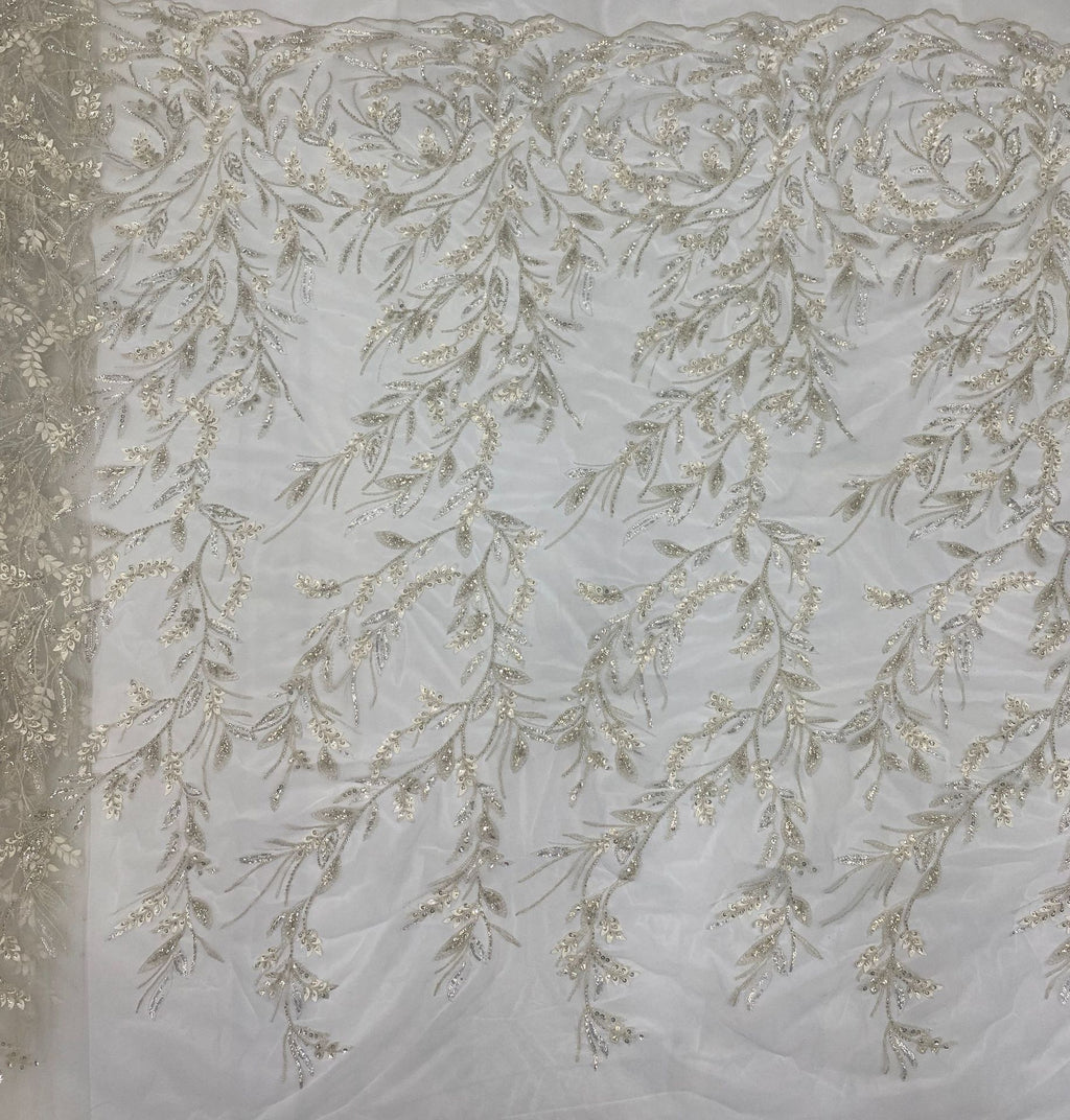 Laser-Cut Floral Silver Bead & Crystal Sequin Fabric — fabric photo 4