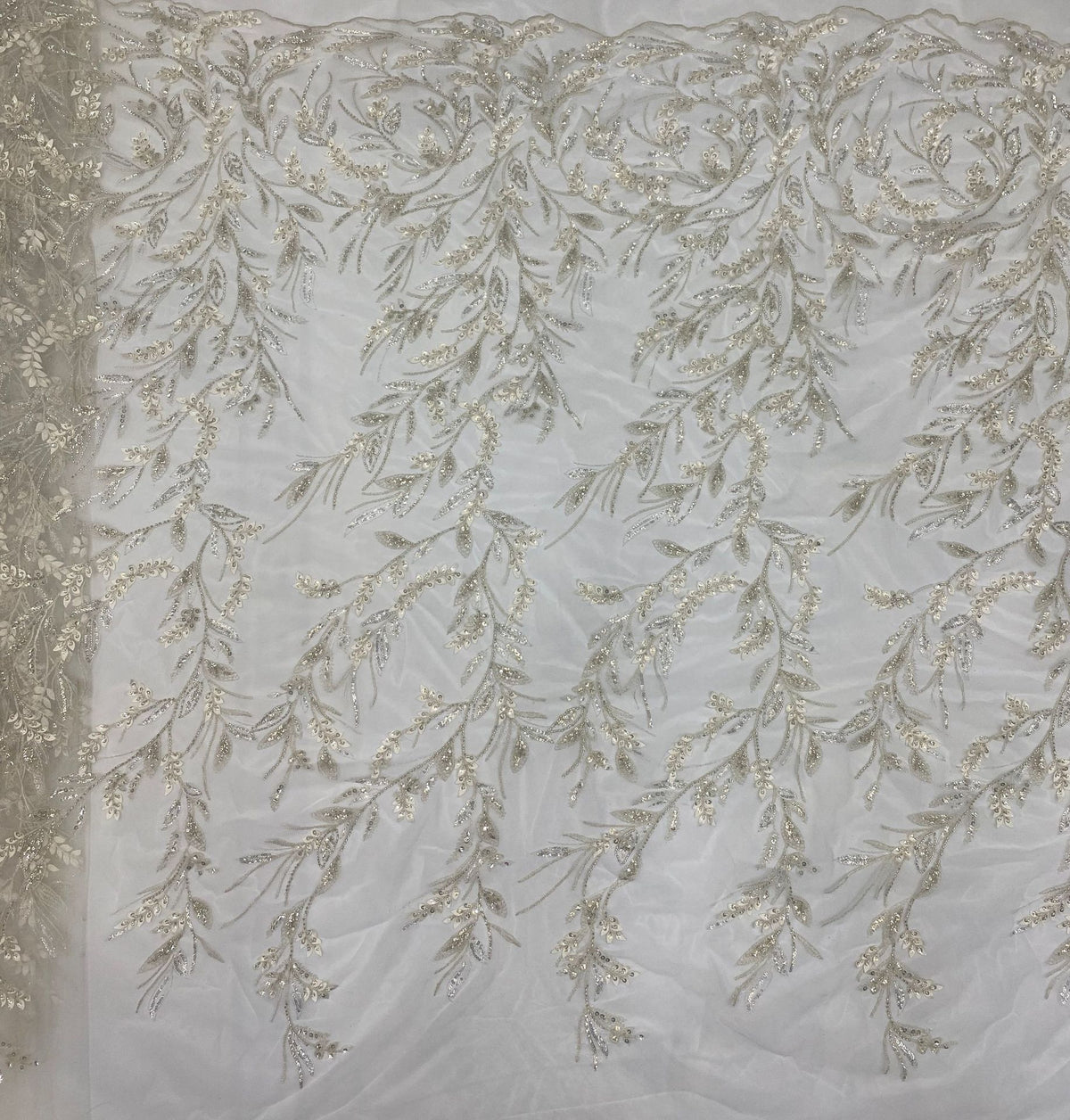 Laser-Cut Floral Silver Bead & Crystal Sequin Fabric — fabric photo 4