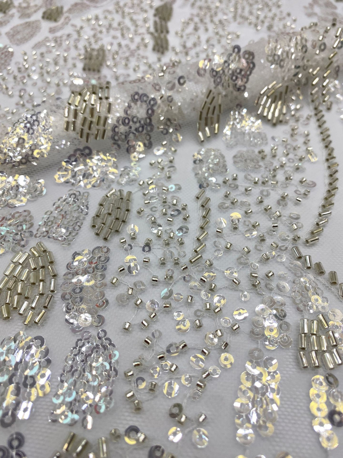 Heavy 3/4 mm Sequin & Bugle-Bead Embroidered Bridal Fabric – Design 43935 — fabric photo 3