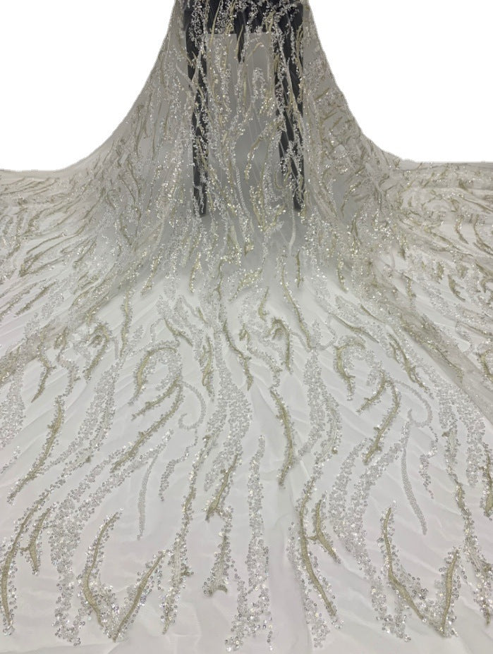 3 mm Crystal-Look Sequin & White-Core Bead Embroidered Bridal Fabric