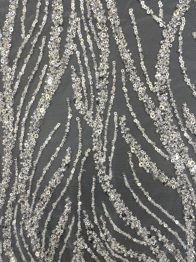 Willow Leaf Silver Bead & Crystal Sequin Fabric — fabric photo 3