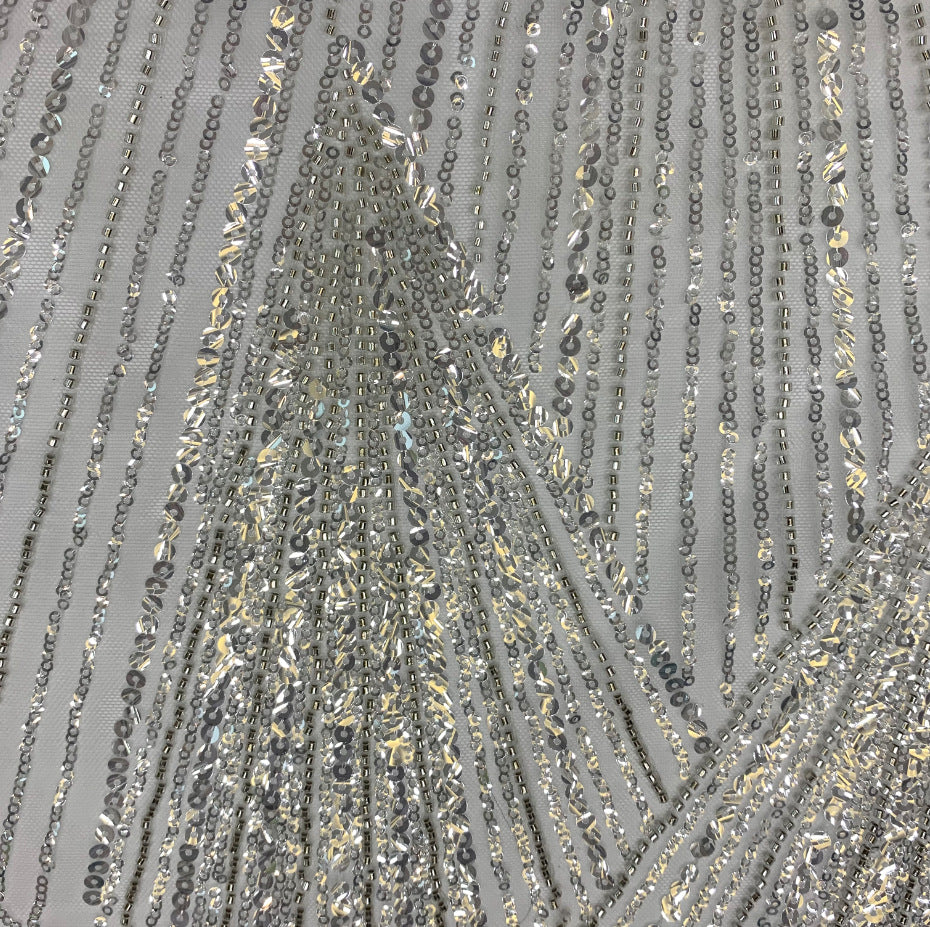 3D 3/5 mm Crystal-Look Sequin & Silver-Bead Embroidered Bridal Fabric – Design 16543 — fabric photo 3