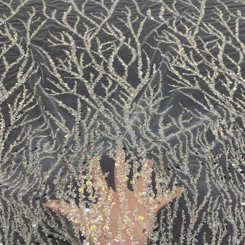 3/7 mm Sequin & Silver-Bead Embroidered Bridal Fabric – Design 46655 — fabric photo 2