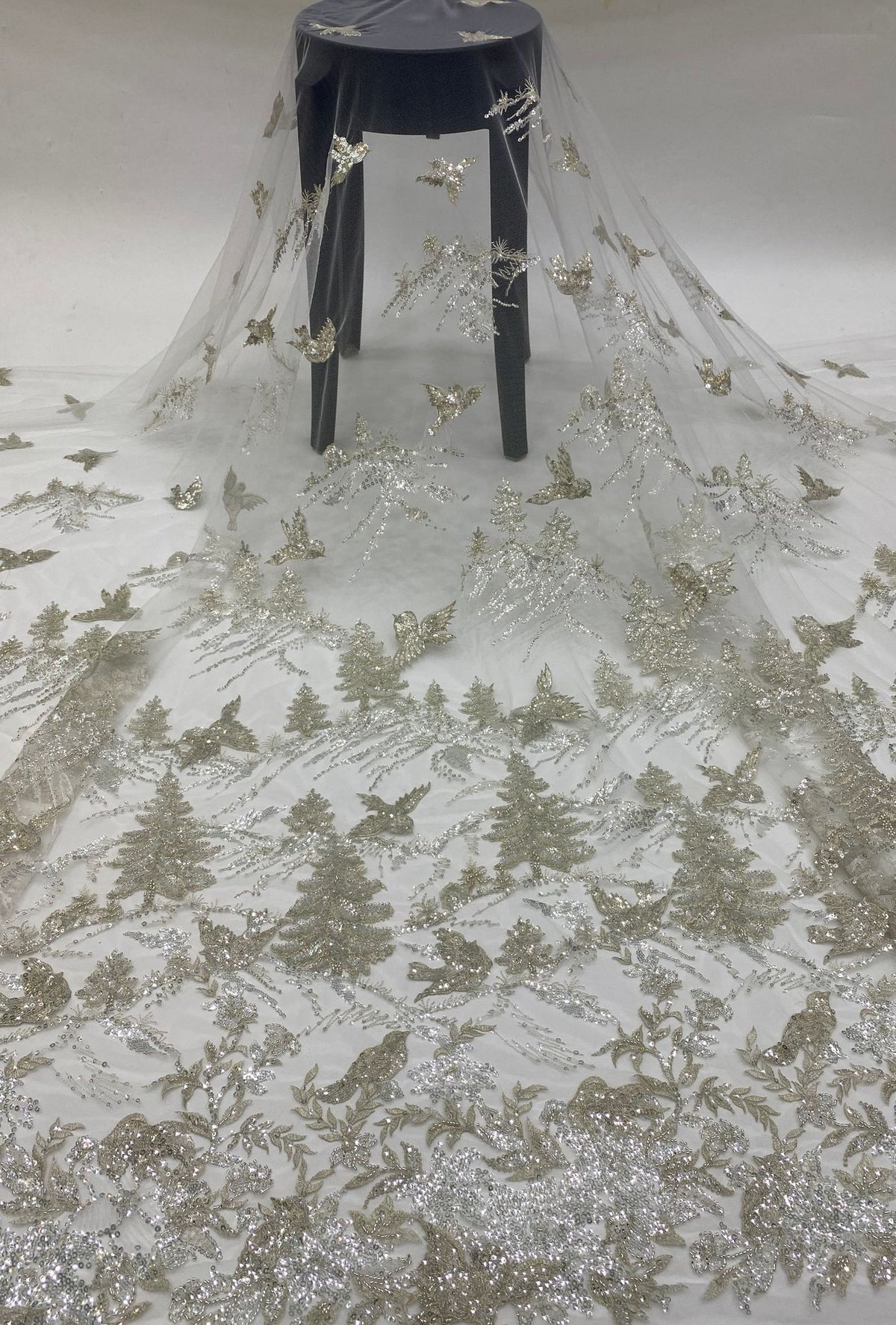 Forest-Inspired Silver-Thread Beaded Sequin Fabric