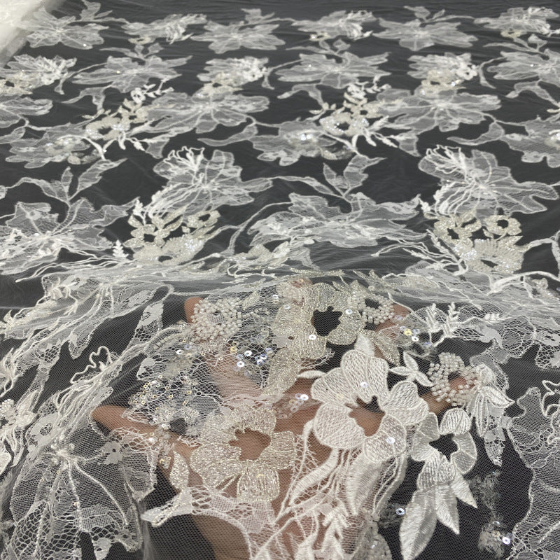 Large Floral Laser Lace Bead Sequin Fabric — fabric photo 3