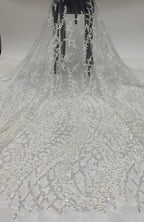Full-length drape of sheer bridal fabric embellished with silver bead and sequin embroidery