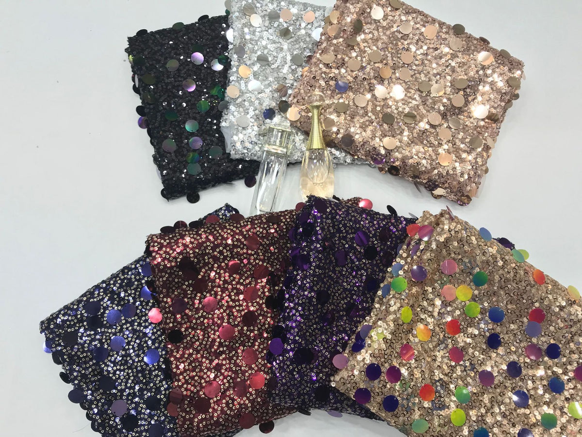 Assorted color options of heavily sequined embroidered mesh fabric with multicolor circular sequins