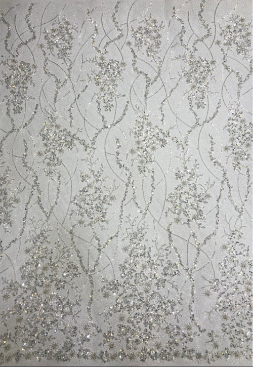 2/3/5 mm Crystal-Look Sequin & Silver-Bead Embroidered Bridal Fabric — fabric photo 2