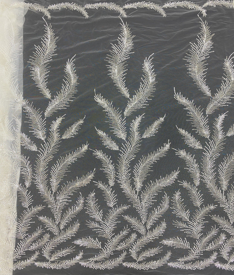 Feather-Detail Silver Bead & 3 mm Sequin Fabric — fabric photo 6