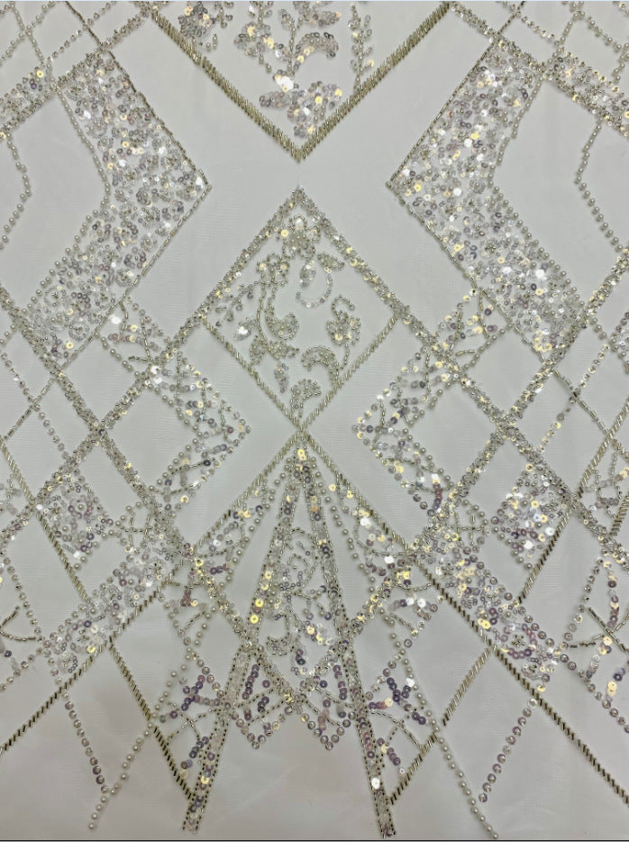 Heavy 3/5 mm Crystal-Look Sequin & Triple-Bead Embroidered Bridal Fabric – Design 99583 — fabric photo 3