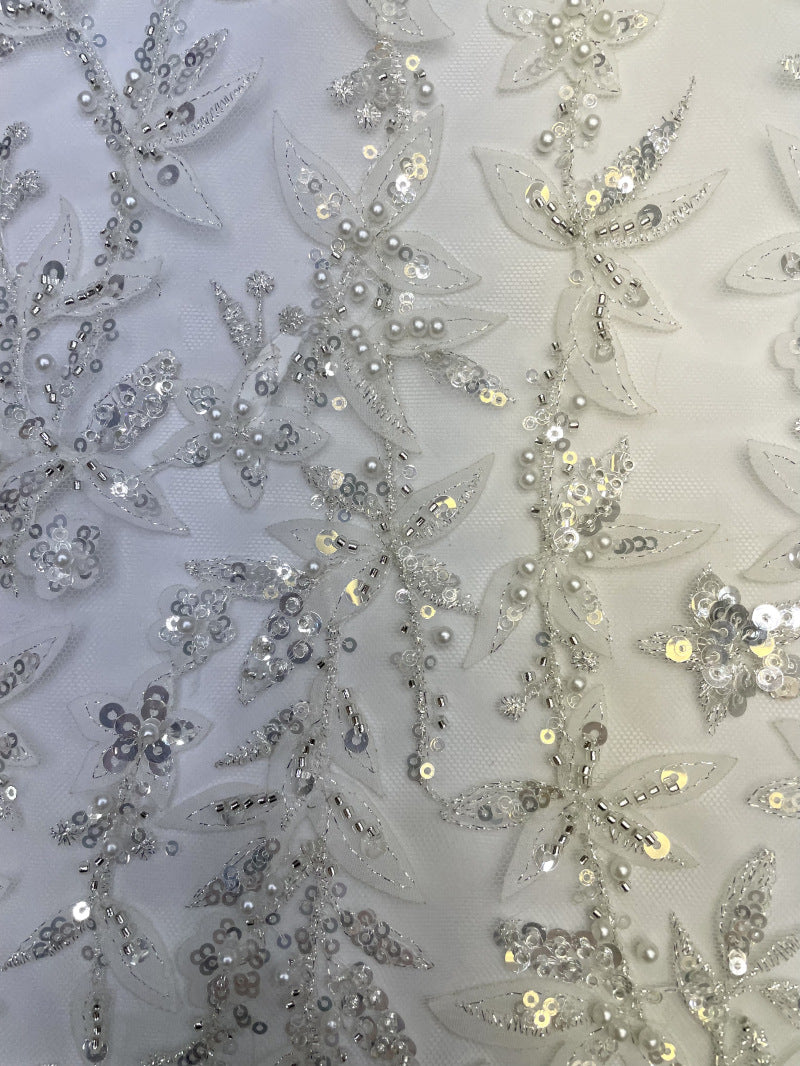 Floral Laser-Cut Bead & Sequin Bridal Fabric — fabric photo 3