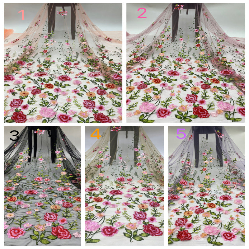 Color chart of sheer multicolor floral thread-embroidered fabric, including draped rose-pattern options