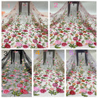 Color chart of sheer multicolor floral thread-embroidered fabric, including draped rose-pattern options