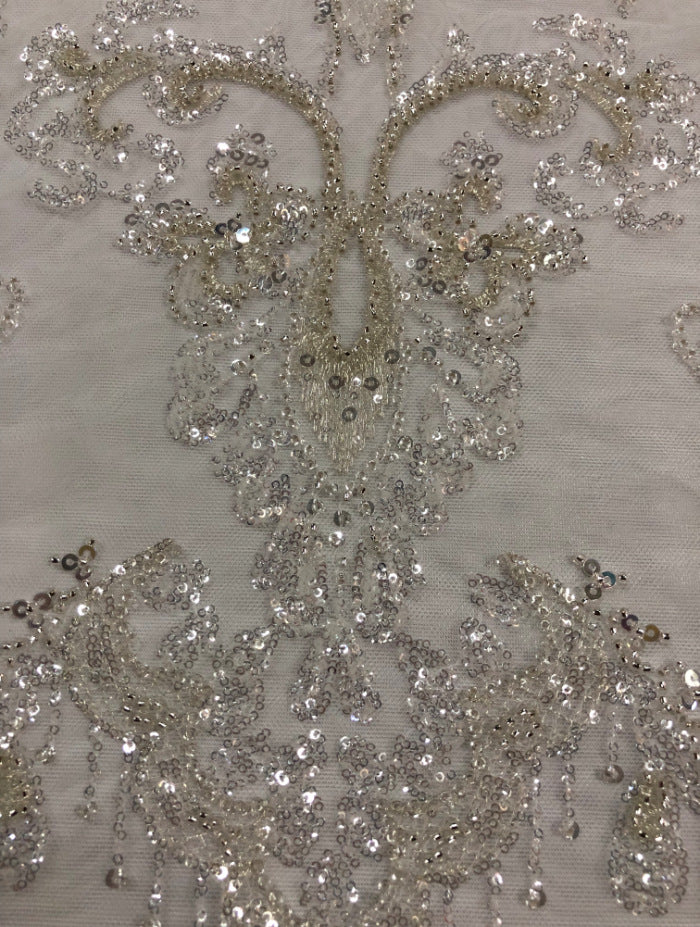 2/4 mm Crystal-Look Sequin & Silver-Bead Embroidered Bridal Fabric – Design 09151 — fabric photo 6
