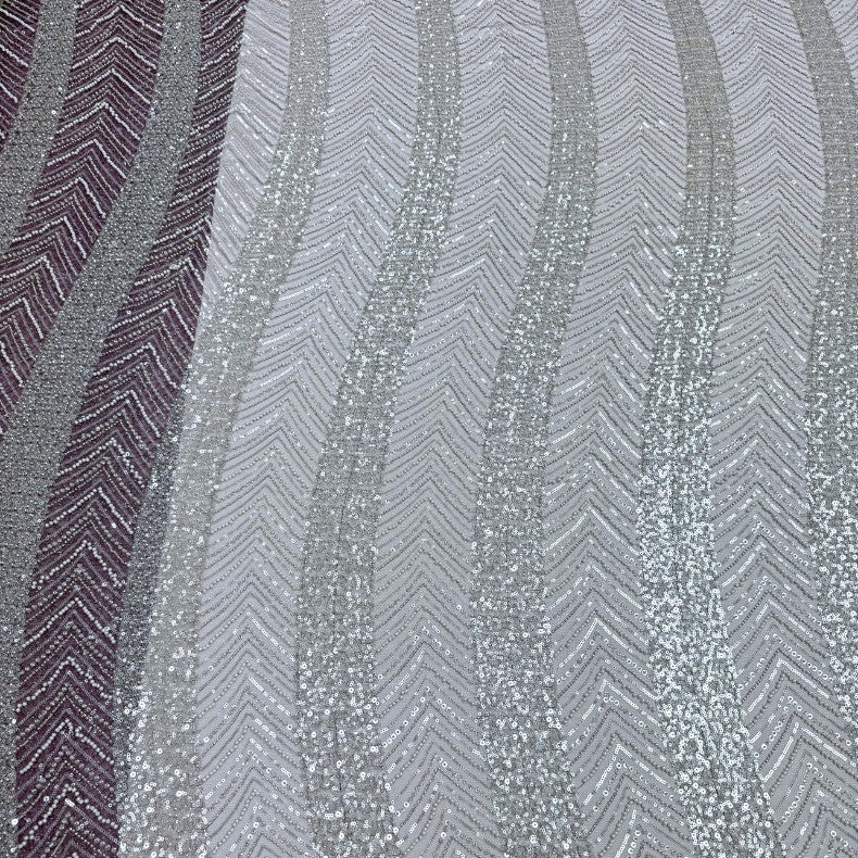 Linear Bugle Bead & Sequin Embroidered Mesh Fabric – Per Yard