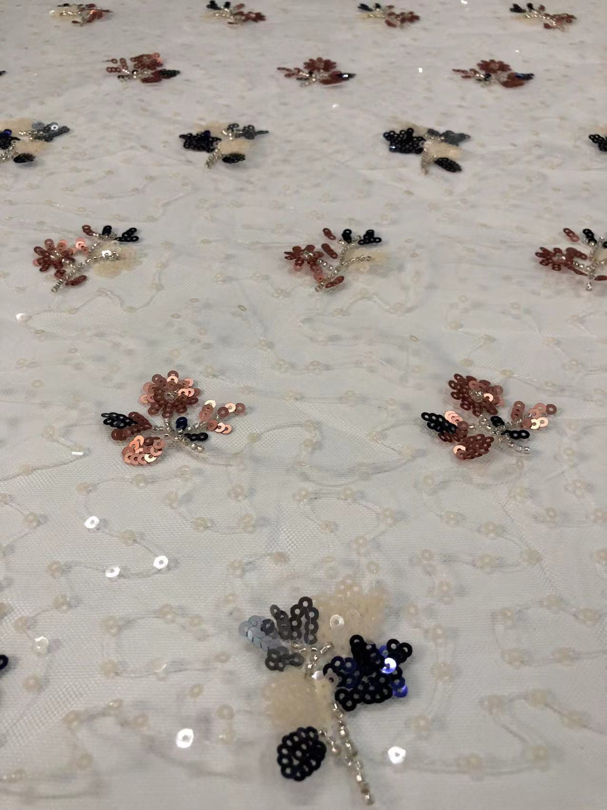 Fine Mesh Embroidery with Silver Beads and 4 mm Sequins — fabric photo 6