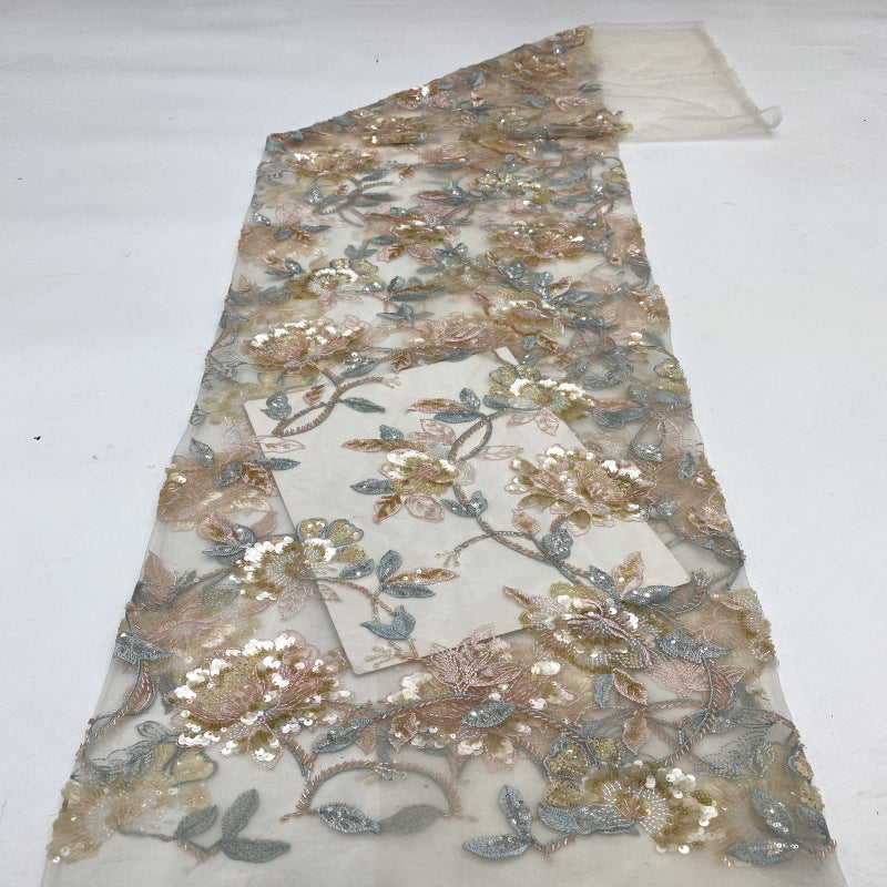 Botanical Bugle Bead and Mixed Sequin Embroidered Fabric
