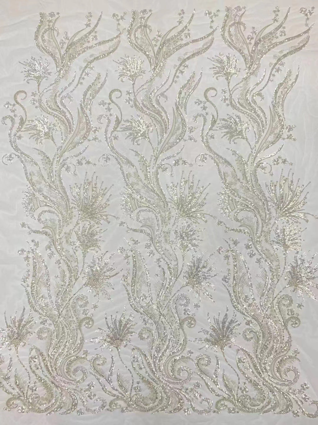 Large Floral Crystal-Look Sequin & Double-Bead Embroidered Bridal Fabric — fabric photo 2