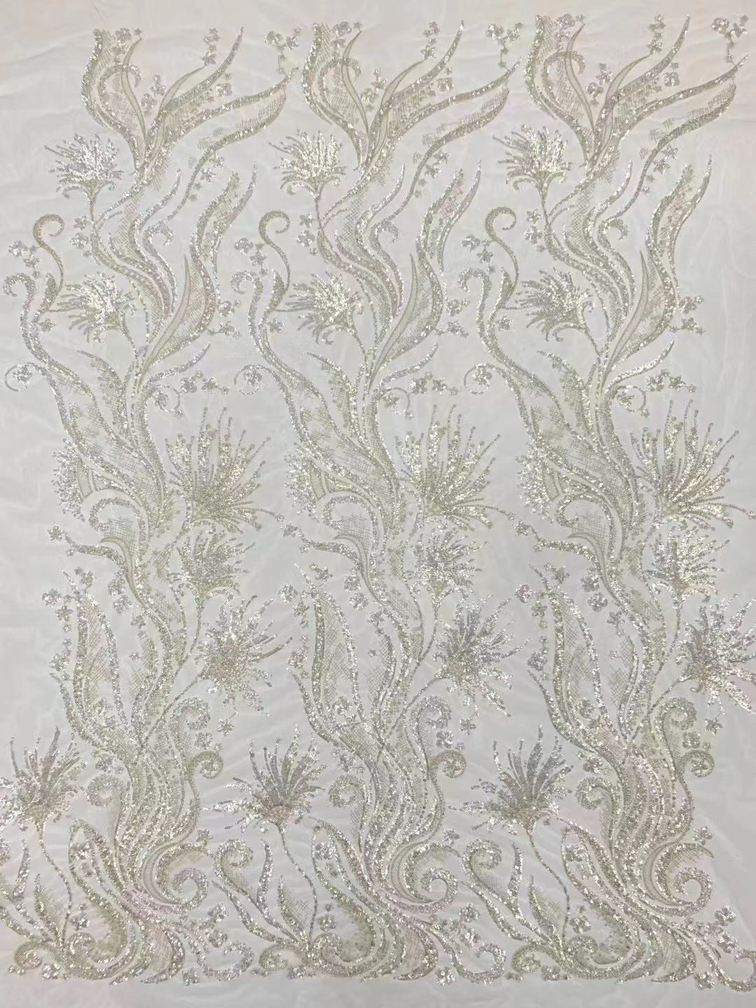 Large Floral Crystal-Look Sequin & Double-Bead Embroidered Bridal Fabric — fabric photo 2