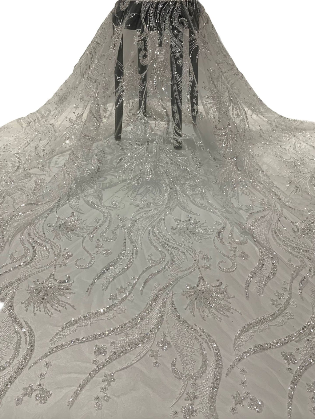 Large Floral Crystal-Look Sequin & Double-Bead Embroidered Bridal Fabric — fabric photo 6