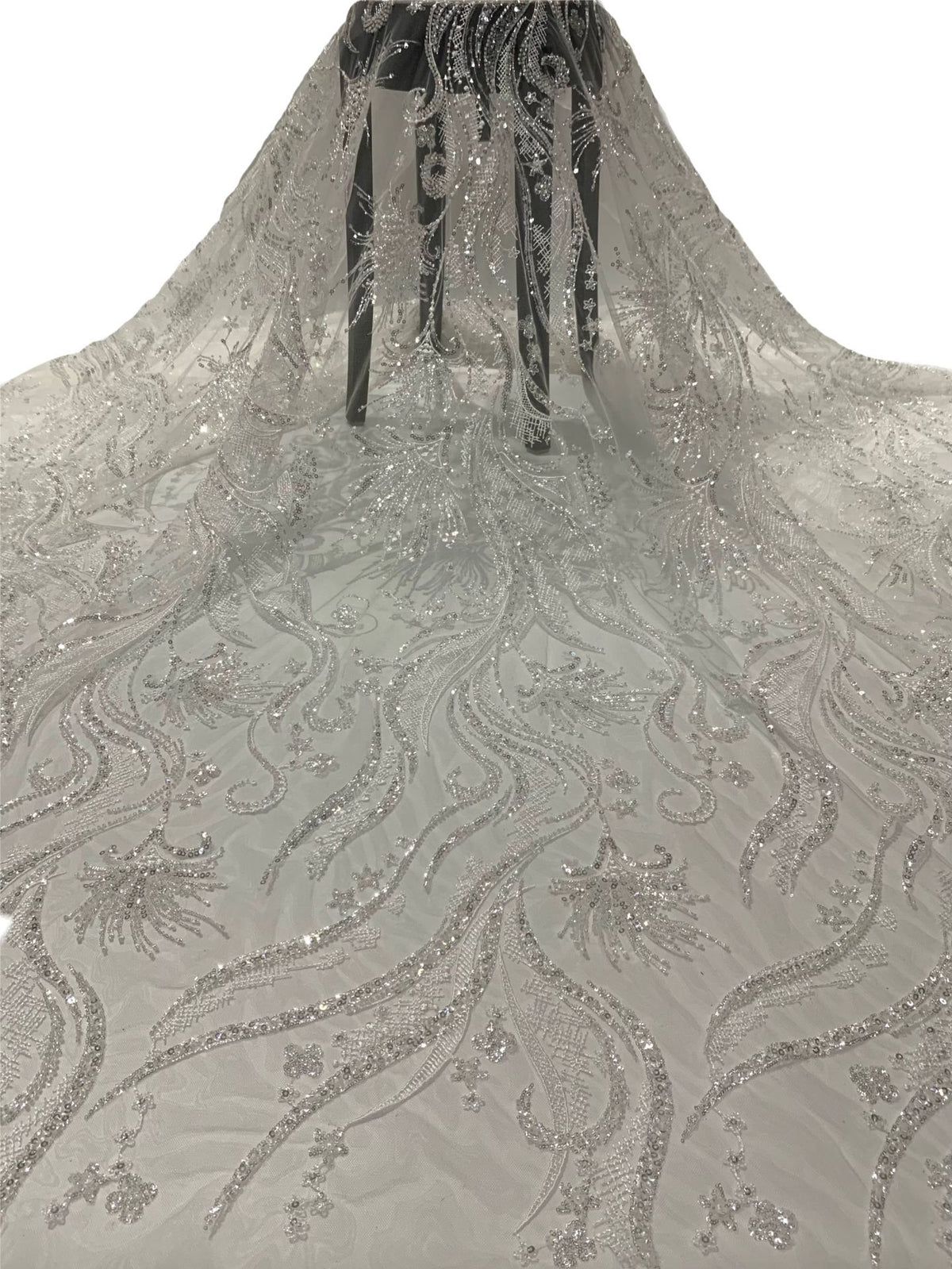 Large Floral Crystal-Look Sequin & Double-Bead Embroidered Bridal Fabric — fabric photo 6