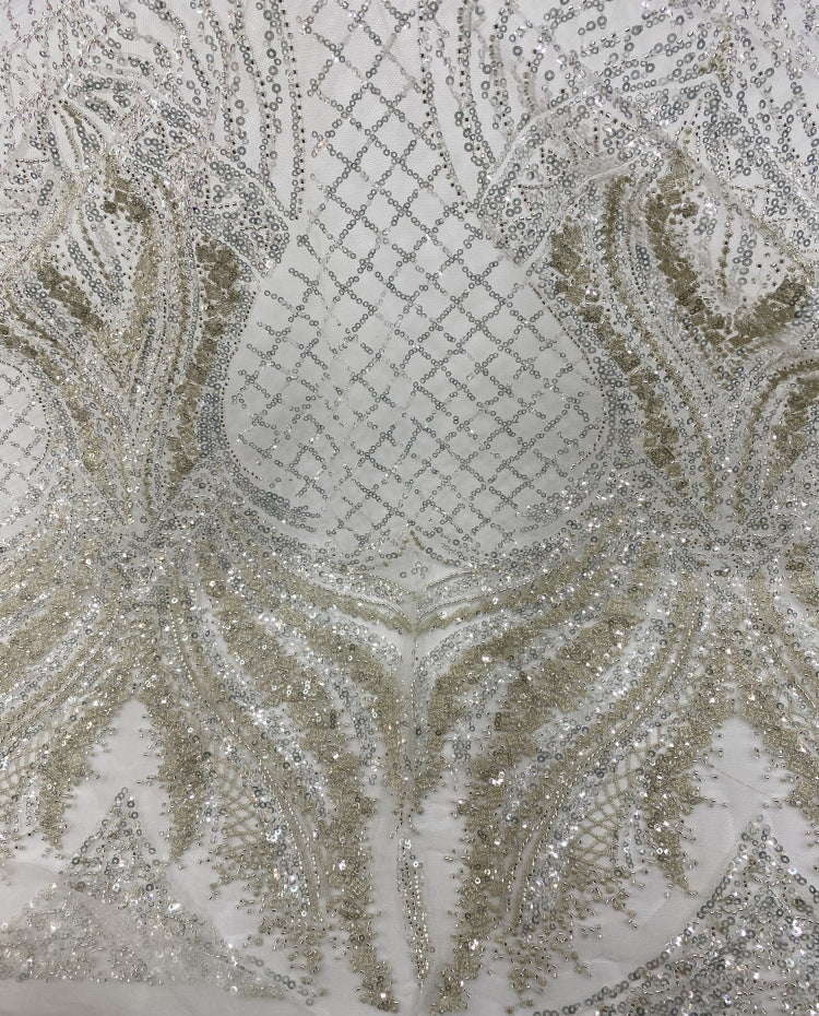 Large Floral Bead & 3/4 mm Sequin Bridal Fabric — fabric photo 3