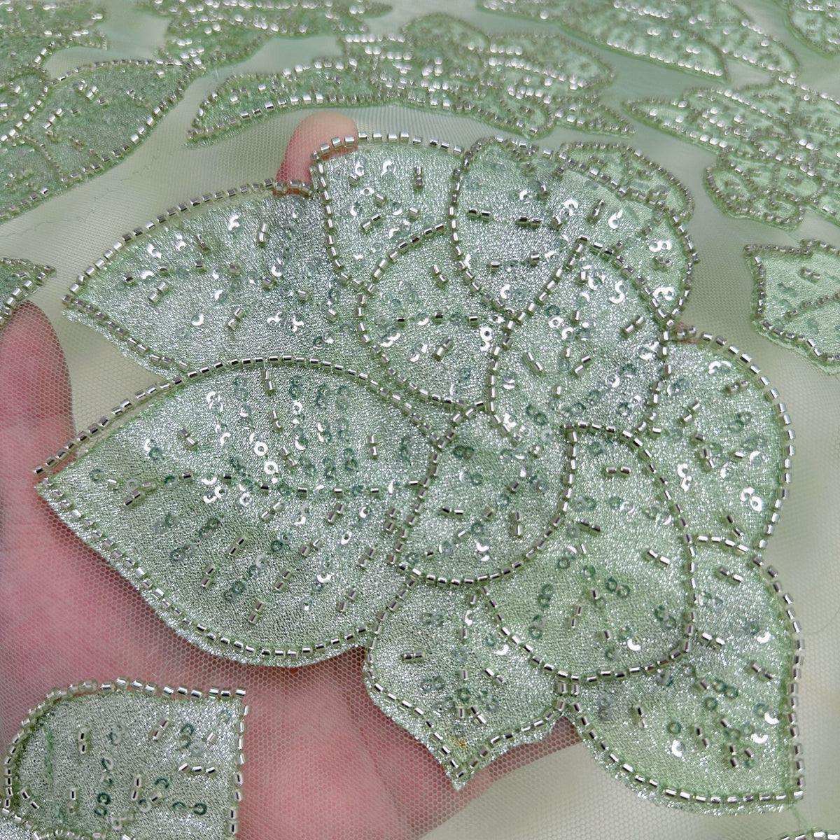 Floral Bugle Bead Applique Embroidered Mesh Fabric – Per Yard — fabric photo 2