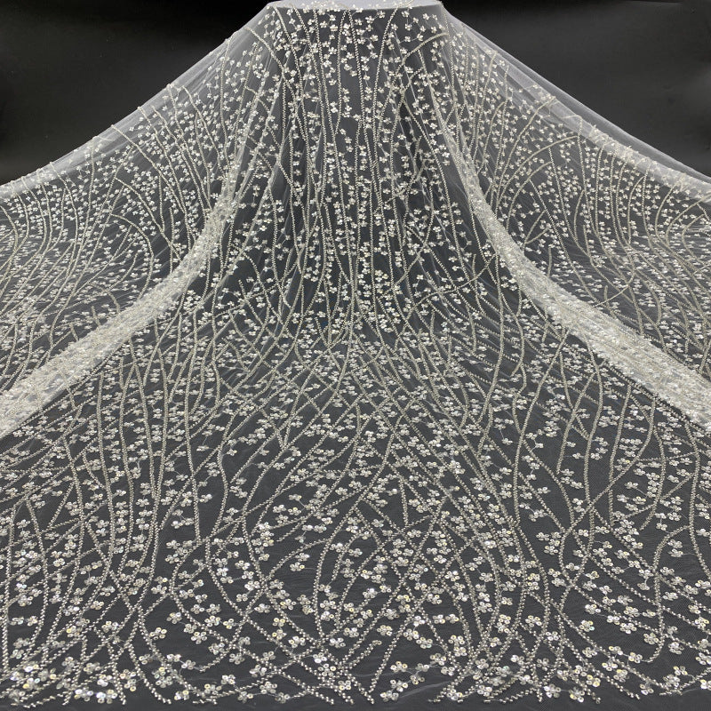 Silver Bead & 3/4mm Crystal Sequin Bridal Fabric