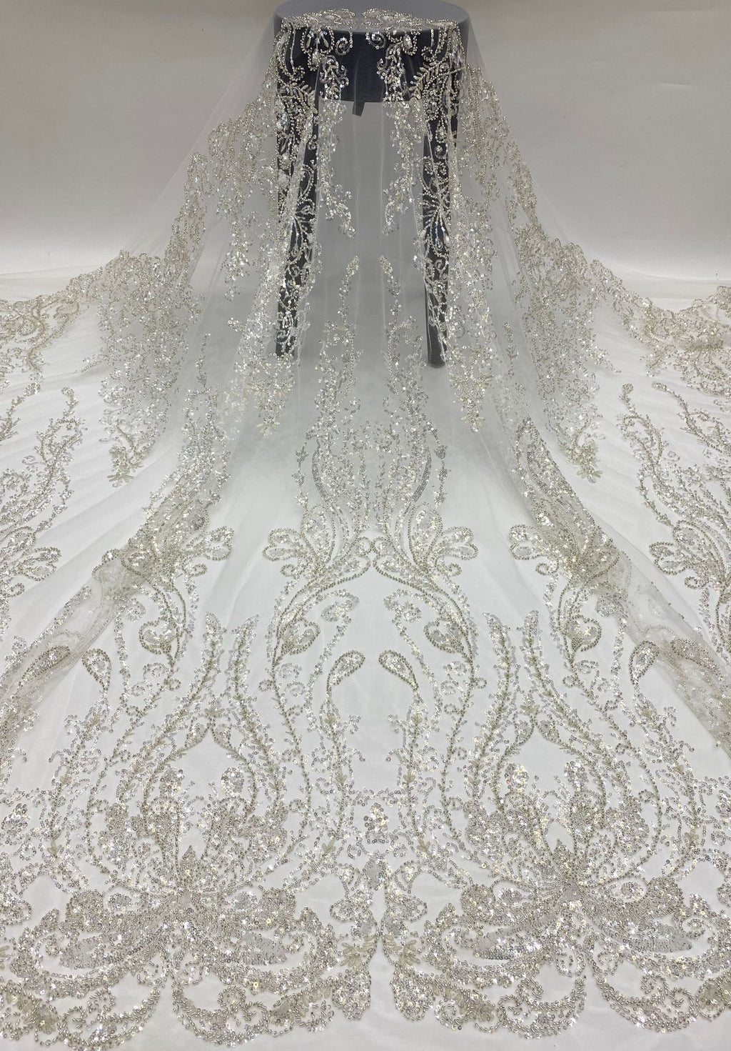 Large Floral 3/4 mm Crystal-Look Sequin & Silver-Bead Embroidered Bridal Fabric