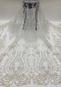 Large Floral 3/4 mm Crystal-Look Sequin & Silver-Bead Embroidered Bridal Fabric
