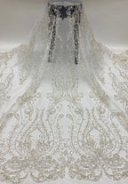 Large Floral 3/4 mm Crystal-Look Sequin & Silver-Bead Embroidered Bridal Fabric