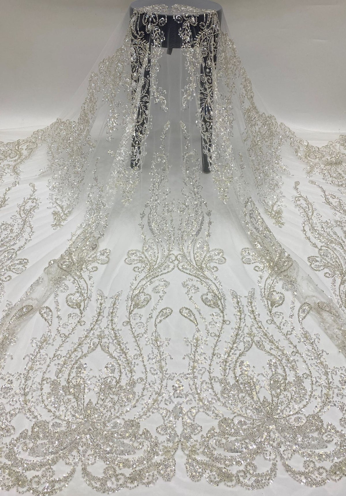 Large Floral 3/4 mm Crystal-Look Sequin & Silver-Bead Embroidered Bridal Fabric
