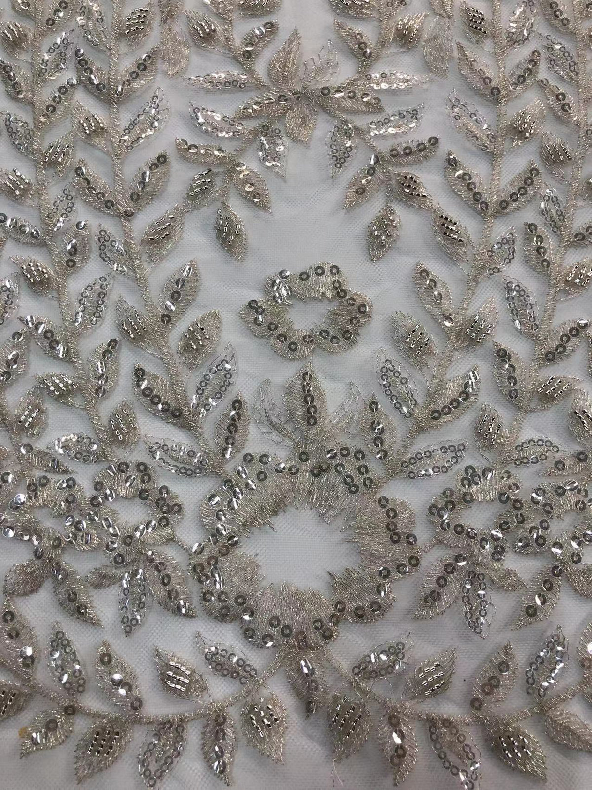 3D Floral Silver-Thread Beaded Sequin Embroidery Fabric — fabric photo 5