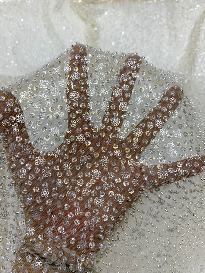 2/4 mm Crystal-Look Sequin & Silver-Bead Embroidered Tulle Mesh Fabric — fabric photo 3