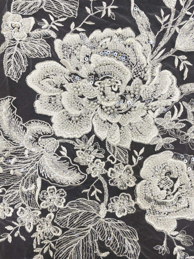 Silver Bead and Crystal Sequin Embroidery Fabric — fabric photo 3