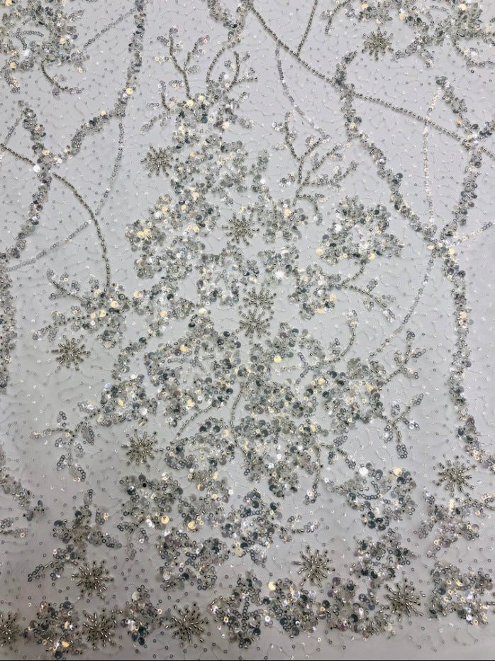 2/3/5 mm Crystal-Look Sequin & Silver-Bead Embroidered Bridal Fabric — fabric photo 5