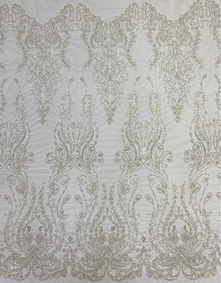 Large Floral 3/4 mm Crystal-Look Sequin & Silver-Bead Embroidered Bridal Fabric — fabric photo 2
