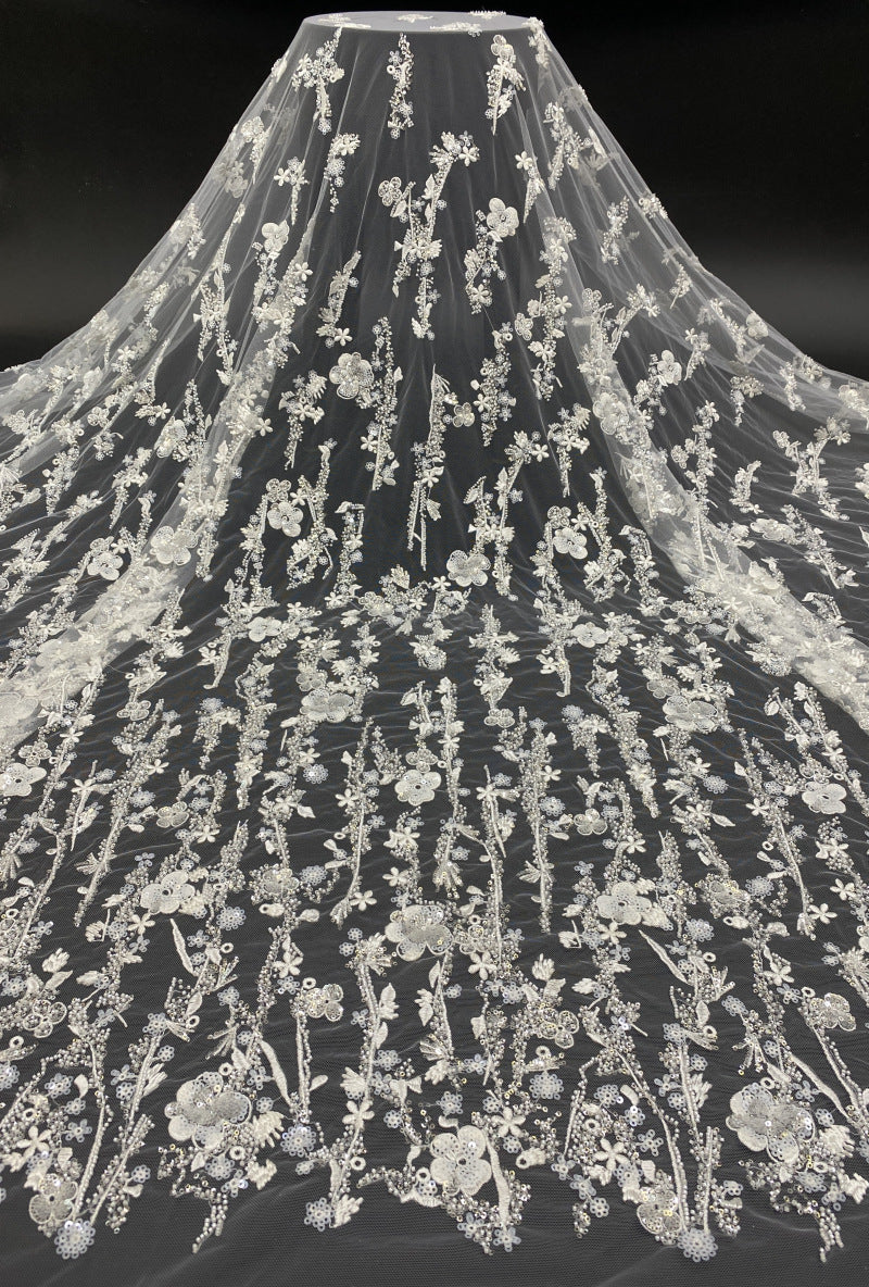White-Core Bead & 3/4mm Sequin Bridal Fabric